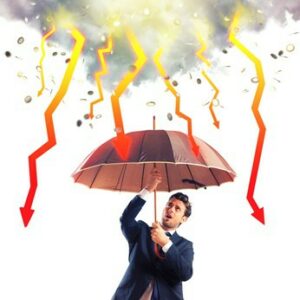 Businessman sheltered with umbrella from lightning arrow